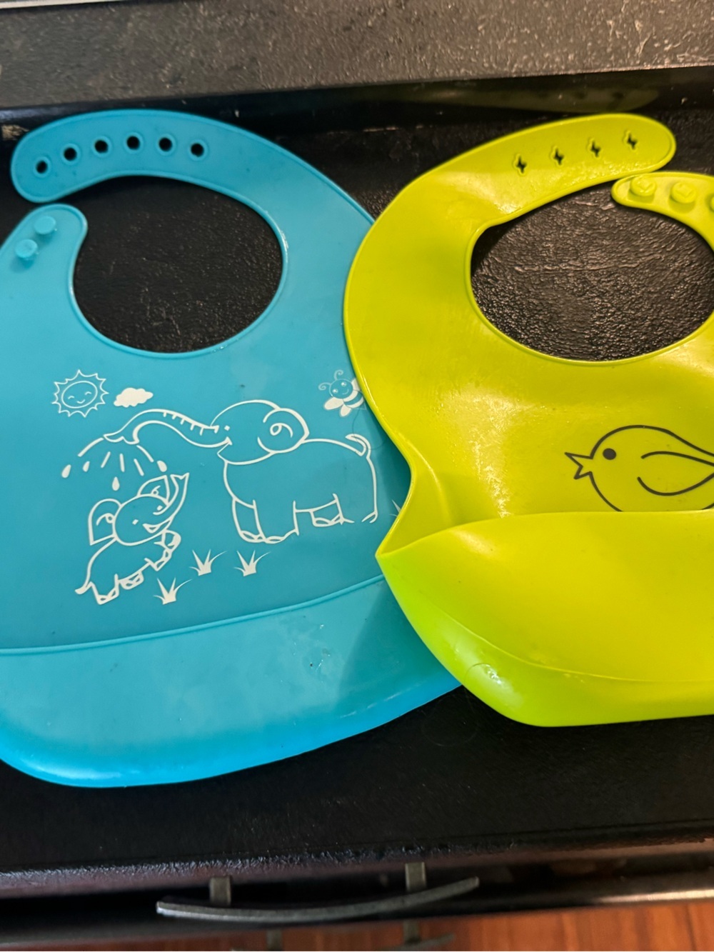 TWO Baby Silicone Bibs, Machine washable or wipe clean. Every mom needs these!